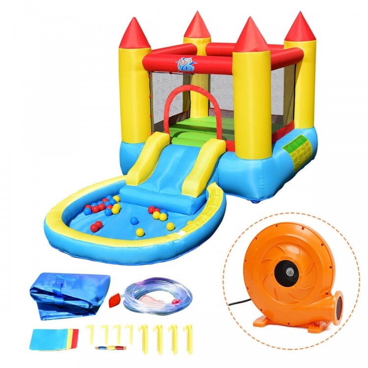 Inflatable kids slide bounce house with water slide, splash pool, and 580w blower for outdoor fun and safety.