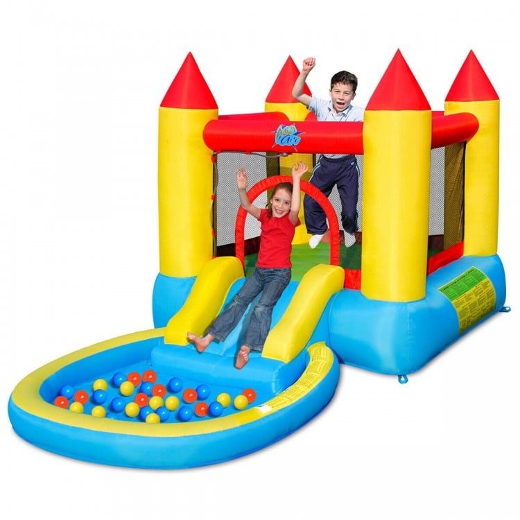 Inflatable kids slide bounce house with water slide and splash pool, featuring colorful design for outdoor fun.