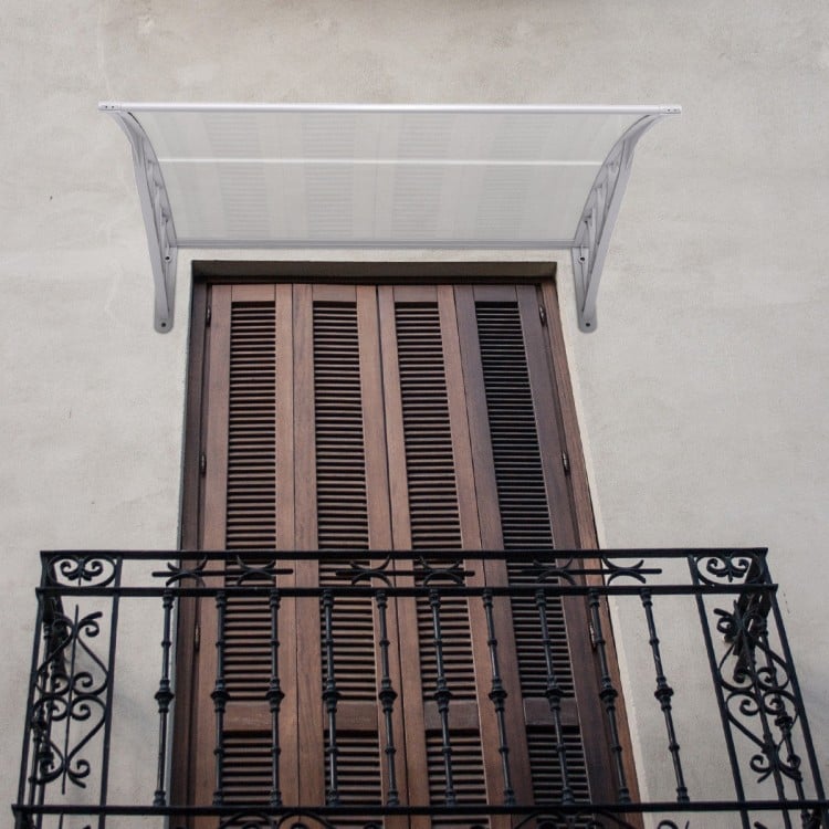 Gray 40" x 40" outdoor polycarbonate window awning canopy, providing sun and rain protection for doors and balconies.
