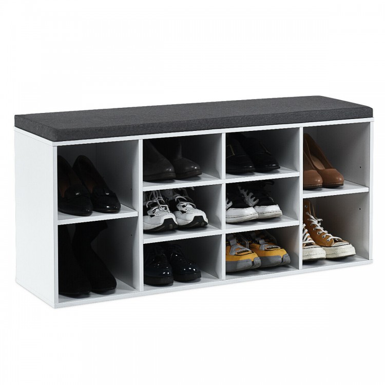 10-cube organizer entryway padded shoe storage bench in white with removable cushion and adjustable shelves for.