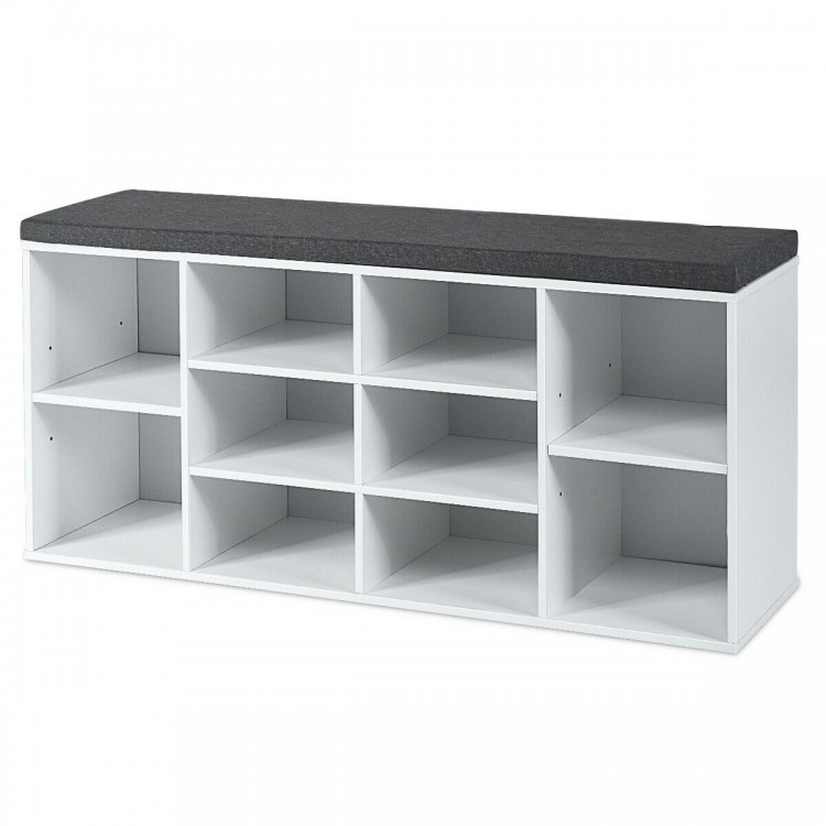 10-cube organizer entryway padded shoe storage bench in white with removable cushion, perfect for versatile storage.