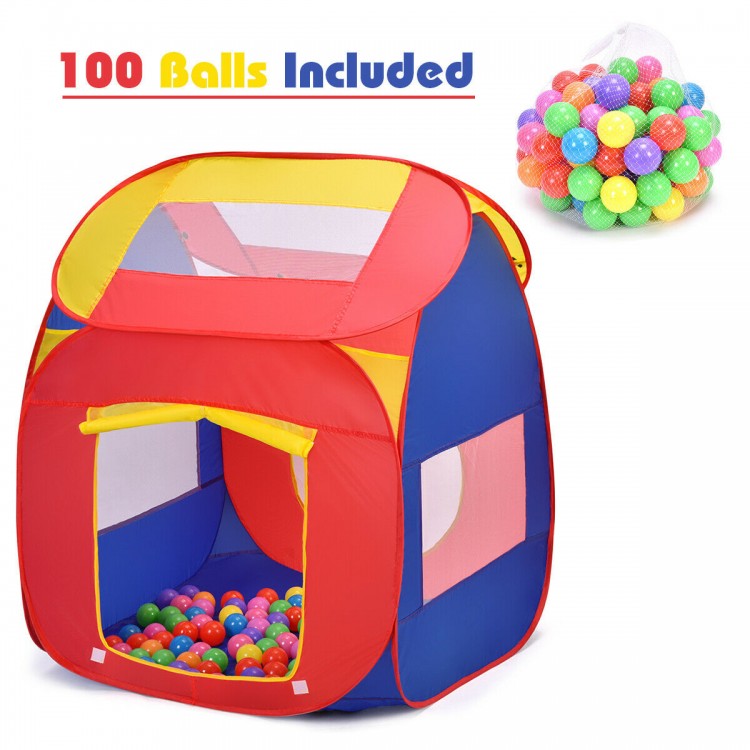 Portable kid play house tent in red and blue with mesh windows, includes 100 colorful balls for imaginative play.