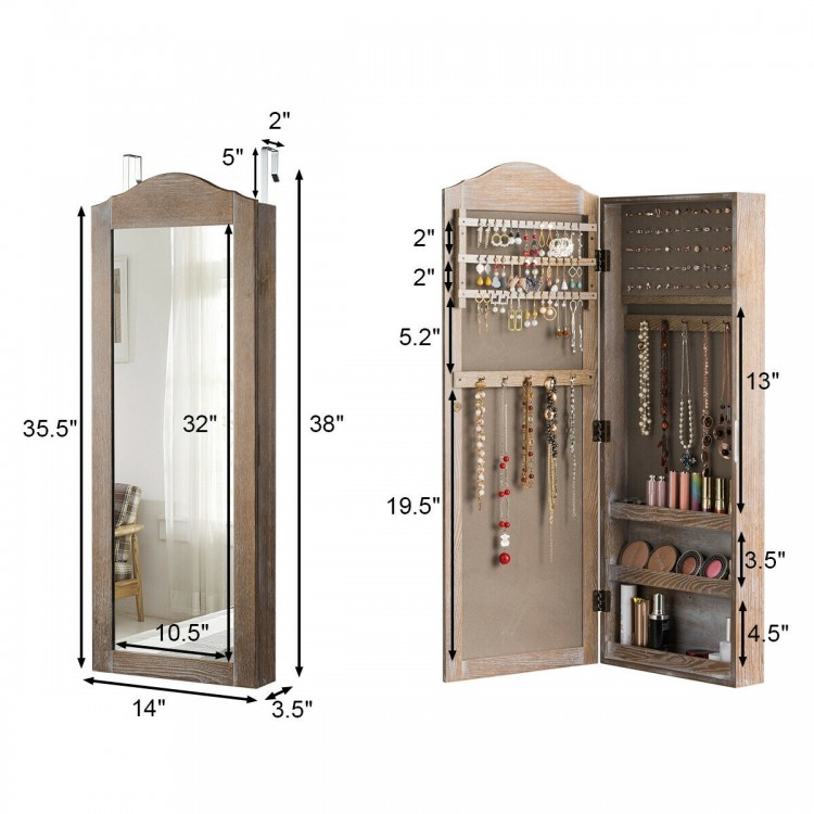 Wall-mounted jewelry armoire cabinet with mirror, featuring hooks, shelves, and ring slots for organized storage.