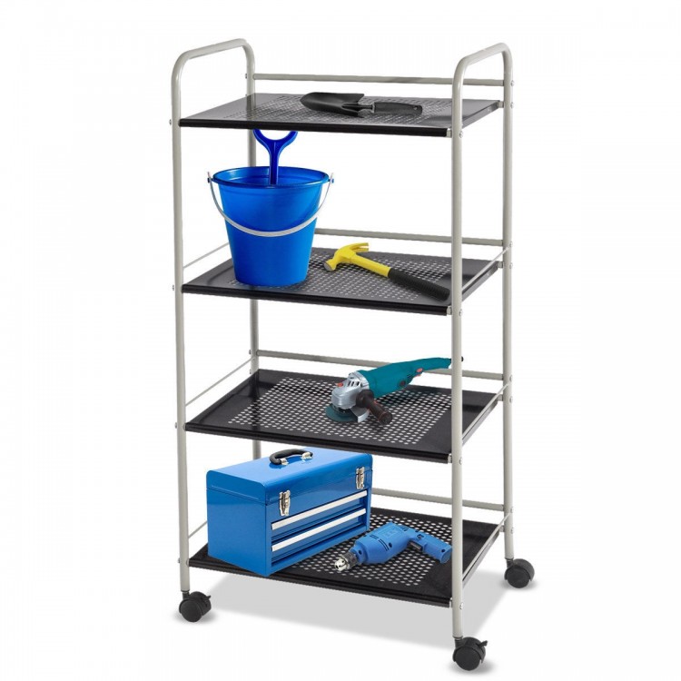 4-tier rolling cart storage rack with heavy-duty steel, ideal for organizing tools in garage or office.