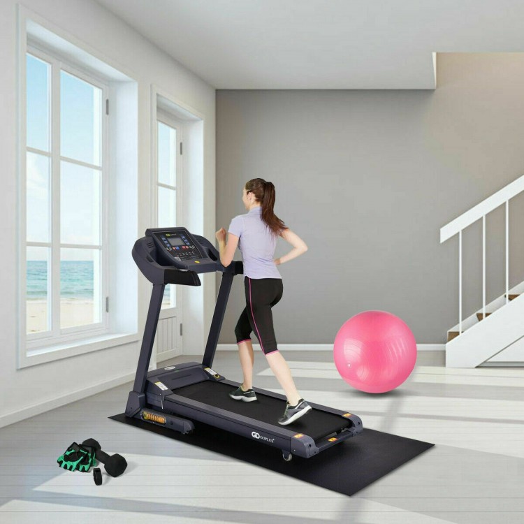 Exercise equipment mat in black PVC, 78 x 36 x 0.25 inches, ideal for gym use to reduce vibrations and protect floors.