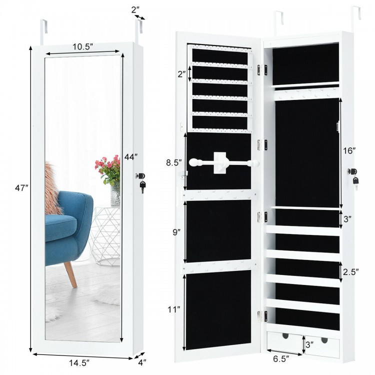 Door mounted lockable jewelry cabinet with LED lights, full-size mirror, and multiple storage options for organized.