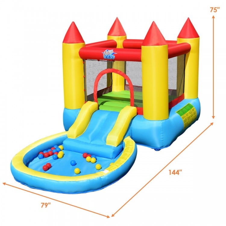 Inflatable kids slide bounce house with water slide and splash pool, featuring safety mesh walls and vibrant colors for.
