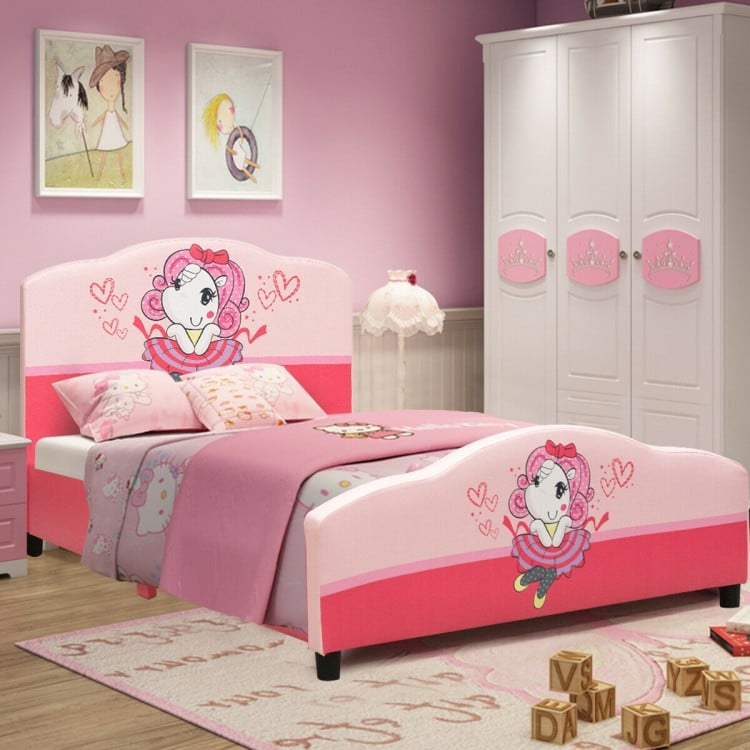 Kids upholstered platform bed with cute girl patterns, bright colors, and adjustable height for toddler safety.