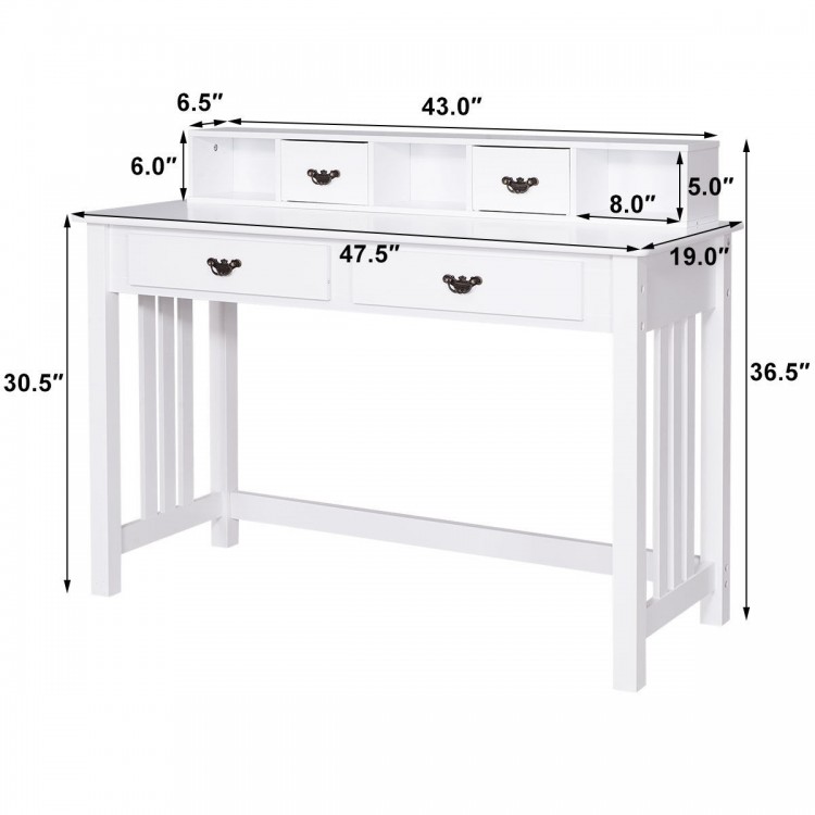 Home Office Writing Mission Computer Desk with 4 drawers and floating organizer, white finish, ideal for workspace.