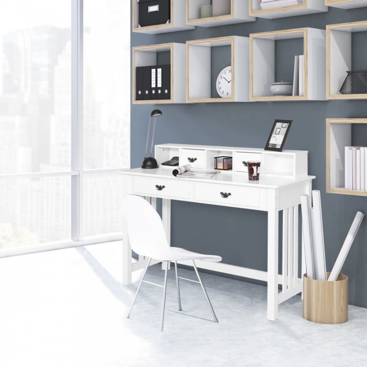 Home Office Writing Computer Desk in white with 4 drawers and a floating organizer for a tidy workspace.