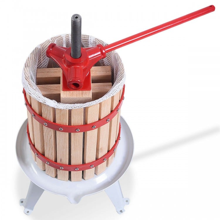1.6-gallon fruit wine press with oak wood basket and steel base, ideal for making juice from apples and pears.