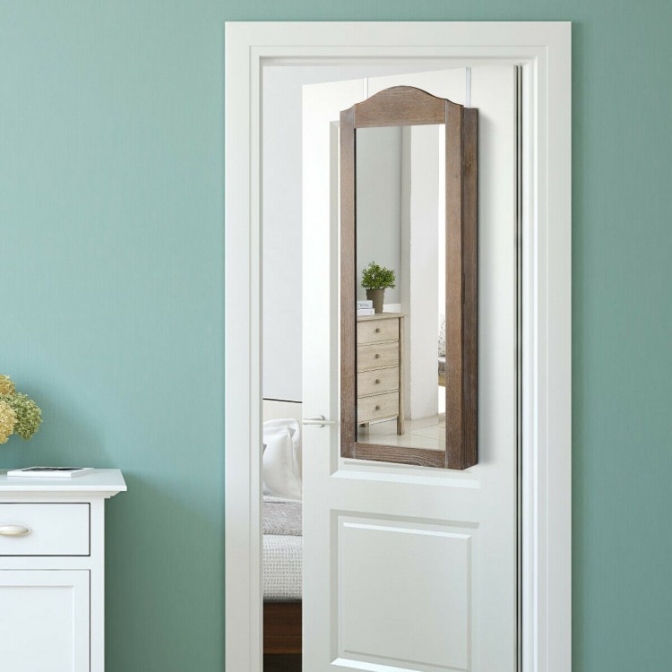 Wall-mounted jewelry armoire cabinet with full-length mirror, featuring organized storage for rings, necklaces, and.