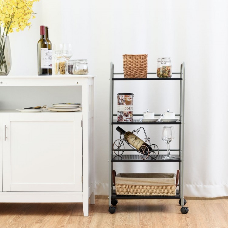 4-tier rolling cart storage rack in black steel with guardrails, ideal for organizing items in kitchen or office.