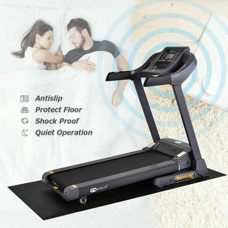 Thick black PVC equipment mat, 78 x 36 x 0.25 inches, protects floors and reduces noise for home gym use.