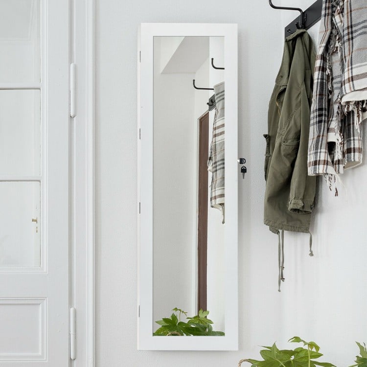 Full-size mirrored jewelry cabinet with LED lights, lockable design, and multiple storage options for organized.