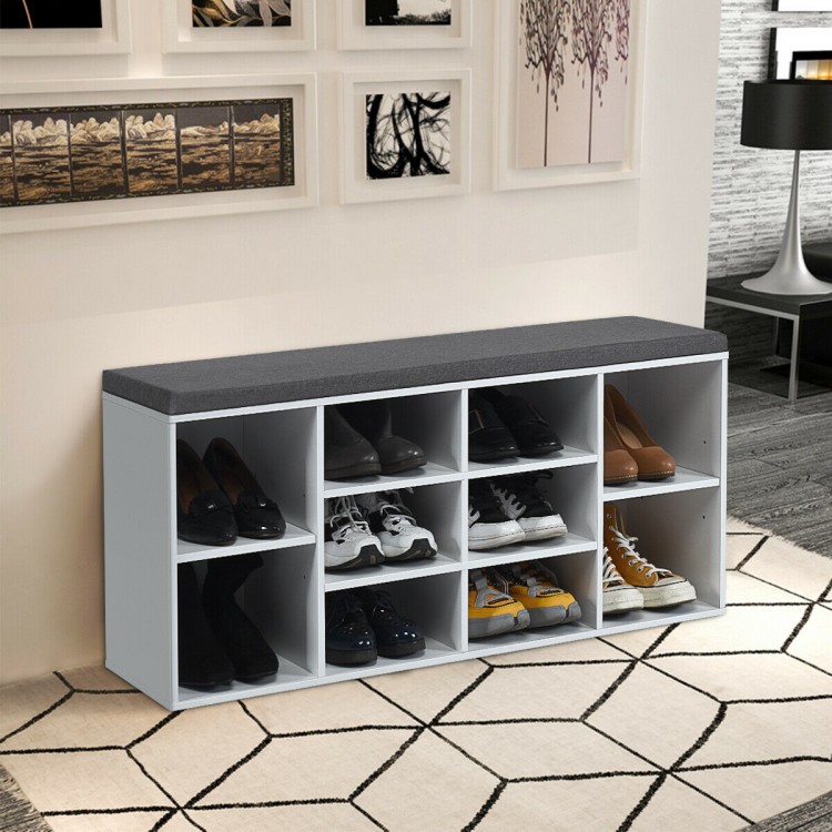 10-cube organizer entryway padded shoe storage bench in white with removable cushion, ideal for stylish shoe storage.