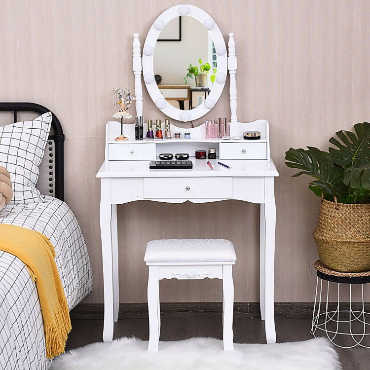 White oval mirror vanity set with 10 LED bulbs, 3 drawers, and cushioned stool for elegant bedroom decor.