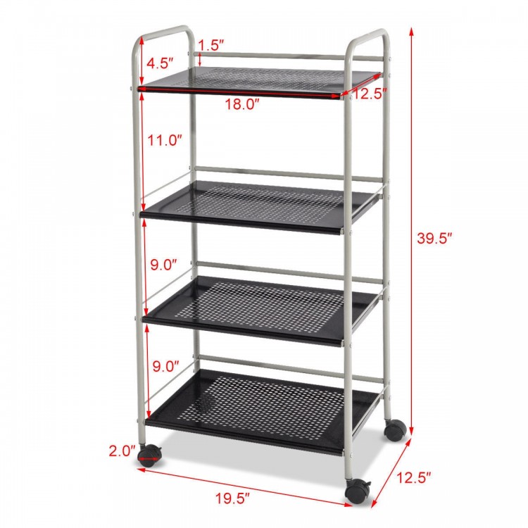 4-tier rolling cart storage rack with heavy-duty steel, 19.5-inch width, ideal for organizing in office or kitchen.