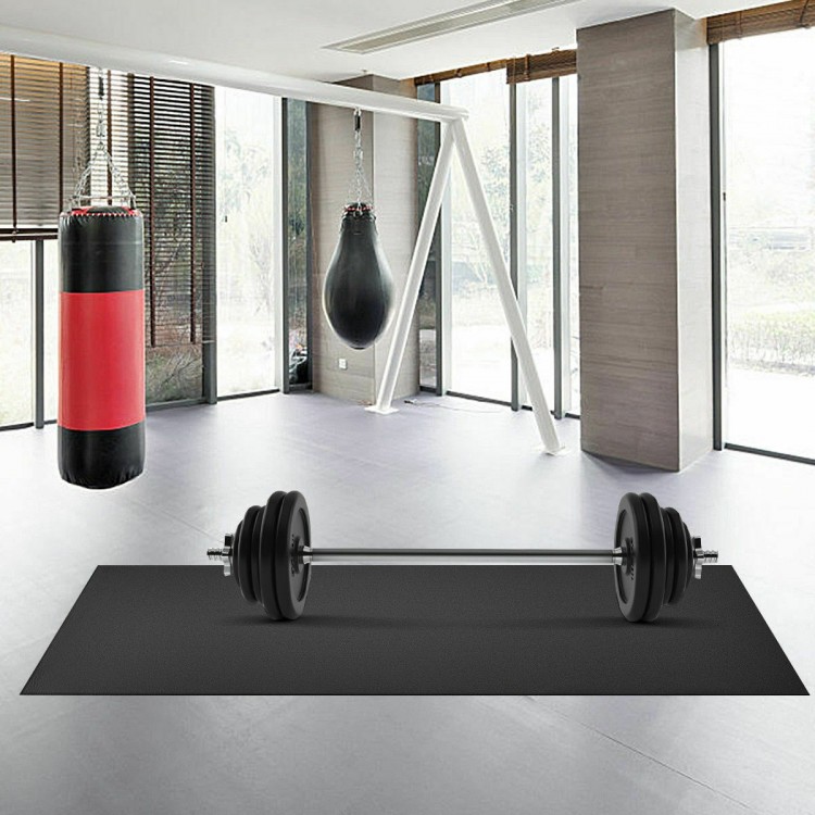 Thick black PVC equipment mat, 78 x 36 x 0.25 inches, ideal for gym use, reducing vibrations and protecting floors.