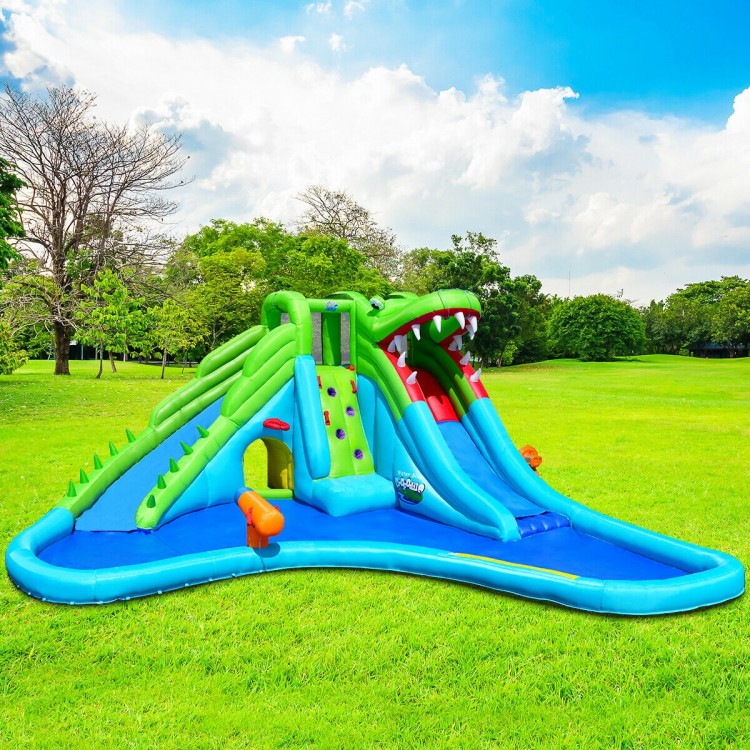Inflatable crocodile water slide with climbing wall and splash pool, perfect for gardens and parks, accommodates 6 kids.
