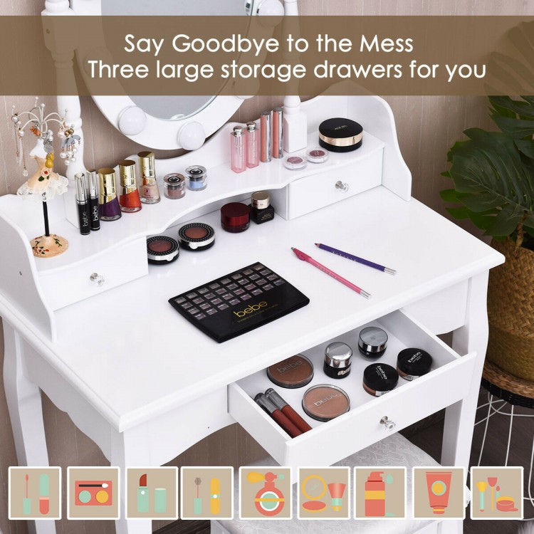 White oval mirror vanity set with 10 LED bulbs and 3 storage drawers for organizing cosmetics and accessories.