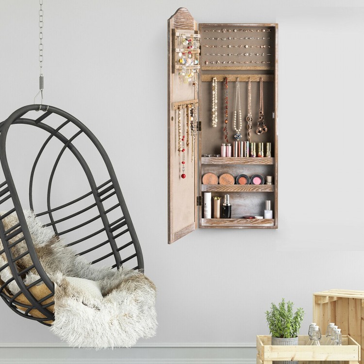 Wall-mounted jewelry armoire cabinet with mirror, featuring hooks and shelves for organized storage of accessories.
