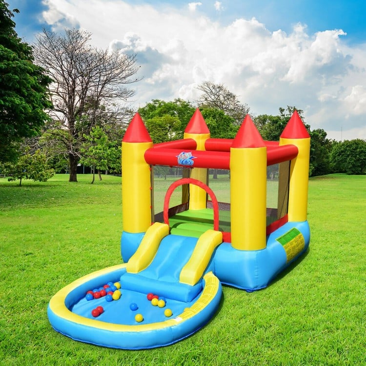 Inflatable kids slide bounce house with bright colors, water slide, and splash pool, ideal for fun in the garden or.