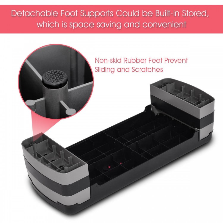 Adjustable fitness aerobic step with riser, featuring non-skid rubber feet for stability and convenient storage.