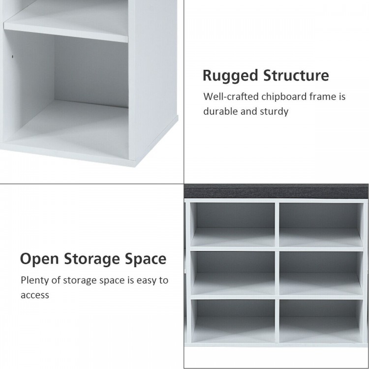 10-cube organizer with white chipboard, featuring removable cushions and ample open storage for entryway or living room.