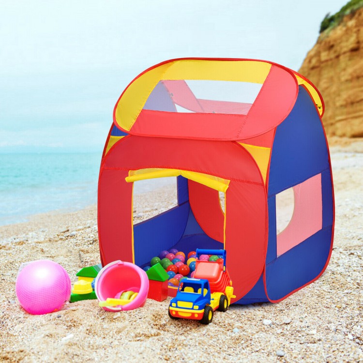 Colorful portable kid play house tent with mesh windows and 100 balls, perfect for outdoor fun and imaginative play.
