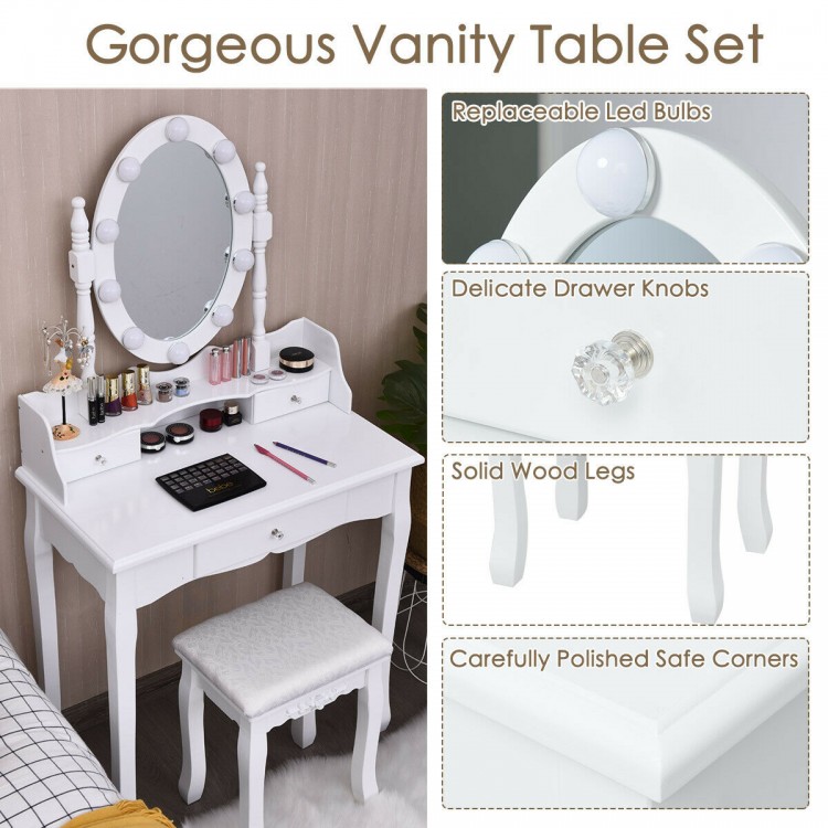 Oval mirror vanity set in white with 10 LED bulbs, 3 drawers, and cushioned stool for elegant beauty organization.
