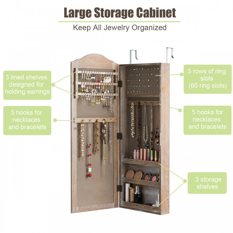 Wall-mounted jewelry armoire cabinet with mirror, featuring 3 shelves, 60 ring slots, and hooks for necklaces and.