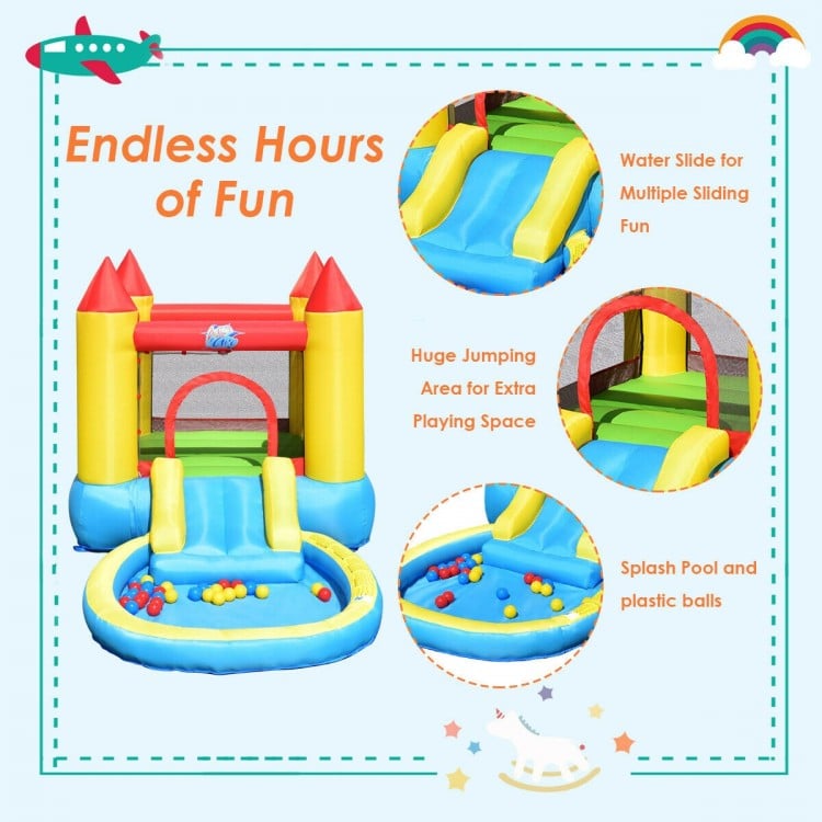 Inflatable kids slide bounce house with water slide, splash pool, and mesh walls for safety, perfect for outdoor fun.