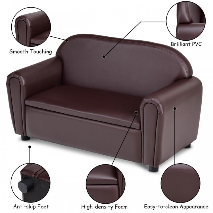 Kids sofa armrest chair in brown PVC with storage function, lightweight design for easy movement and cleaning.