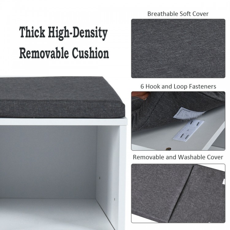 Thick high-density removable cushion with soft fabric and six hook and loop fasteners for the 10-cube organizer bench.