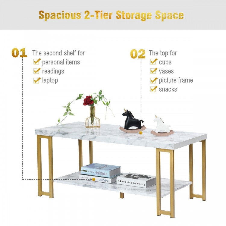 2-tier rectangular coffee table with gold print metal frame, smooth MDF top, ideal for small spaces and stylish decor.