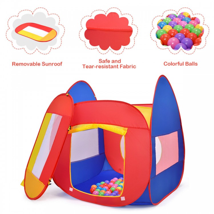 Colorful portable kid play house tent with mesh windows and 100 balls, perfect for imaginative play in various settings.