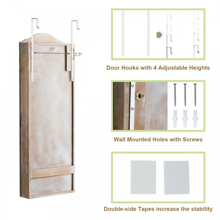 Wall-mounted jewelry armoire cabinet with mirror, featuring adjustable door hooks and multiple storage options for.