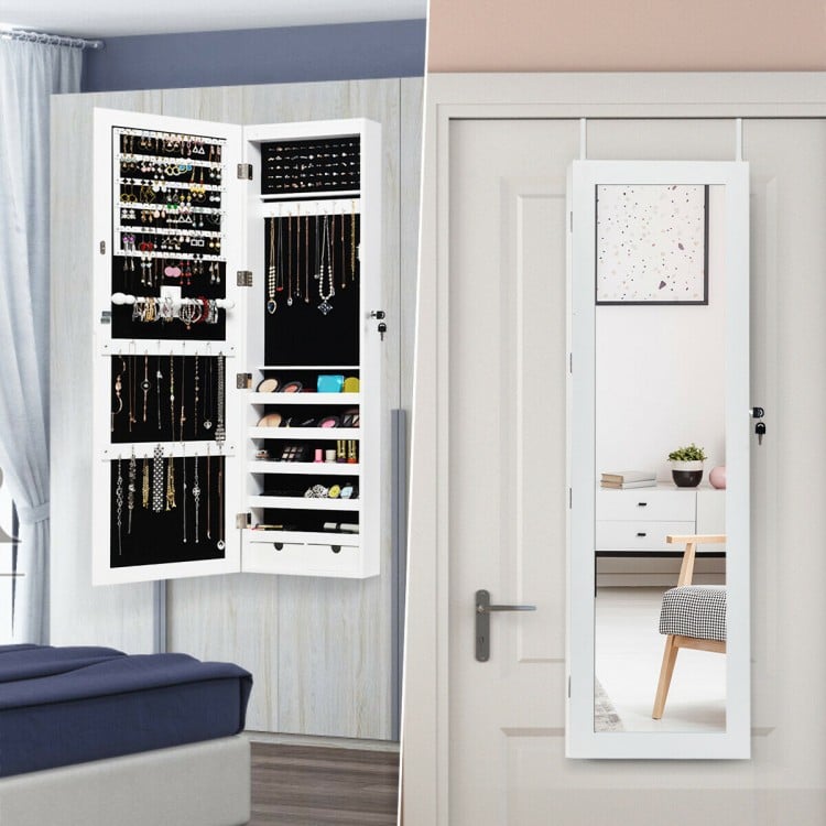 Lockable mirrored jewelry cabinet with LED lights, featuring shelves, hooks, and a full-size mirror for stylish storage.