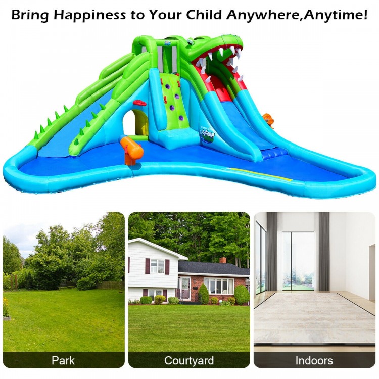 Inflatable crocodile water slide with climbing wall and splash pool, perfect for outdoor fun in gardens or parks.