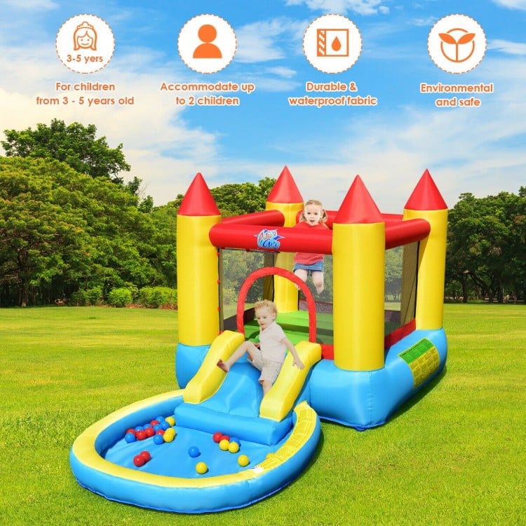 Inflatable kids slide bounce house with water slide and splash pool, suitable for 2 children, perfect for outdoor fun.