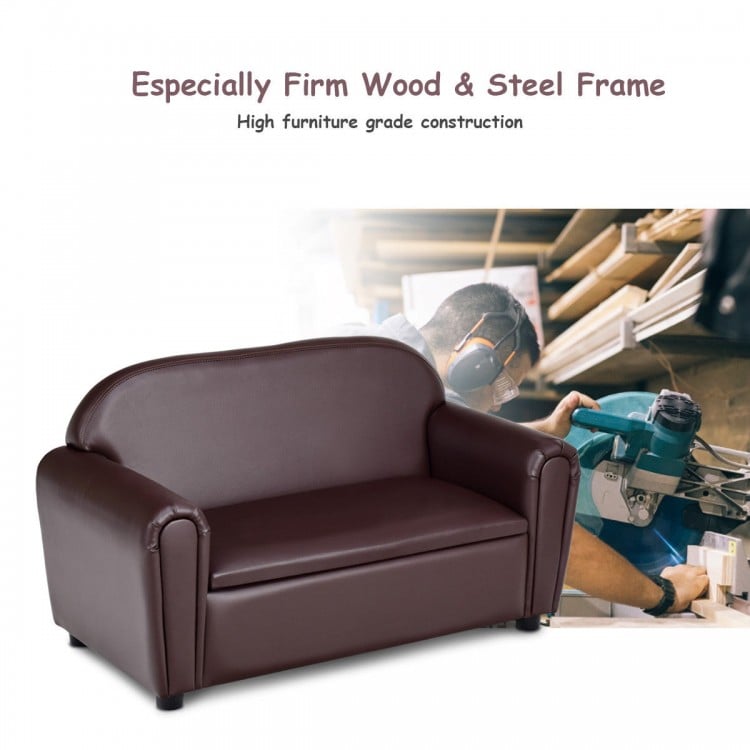 Child-sized brown sofa armrest chair with storage function, sturdy wood frame, perfect for kids' play and relaxation.