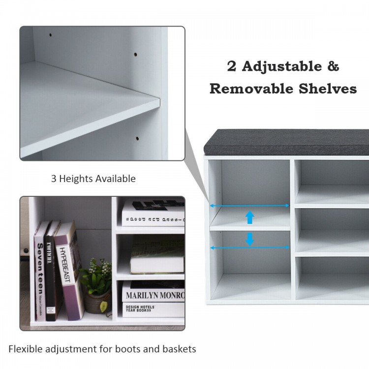 10-cube organizer with adjustable shelves and padded cushion, ideal for entryway shoe storage and versatile home use.