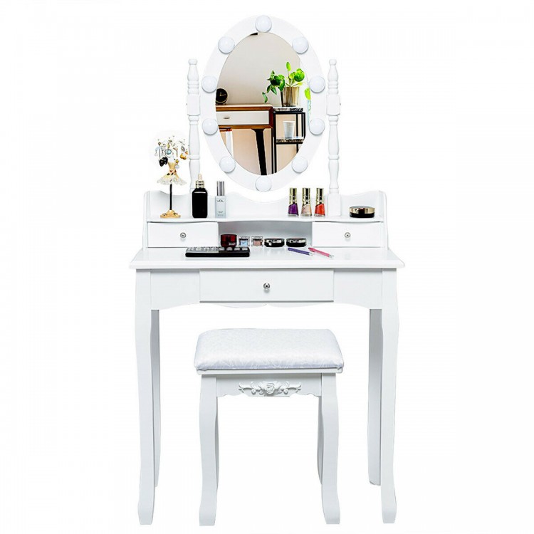 Elegant white vanity table featuring 10 LED bulbs and 3 drawers for makeup storage, complete with a cushioned stool.