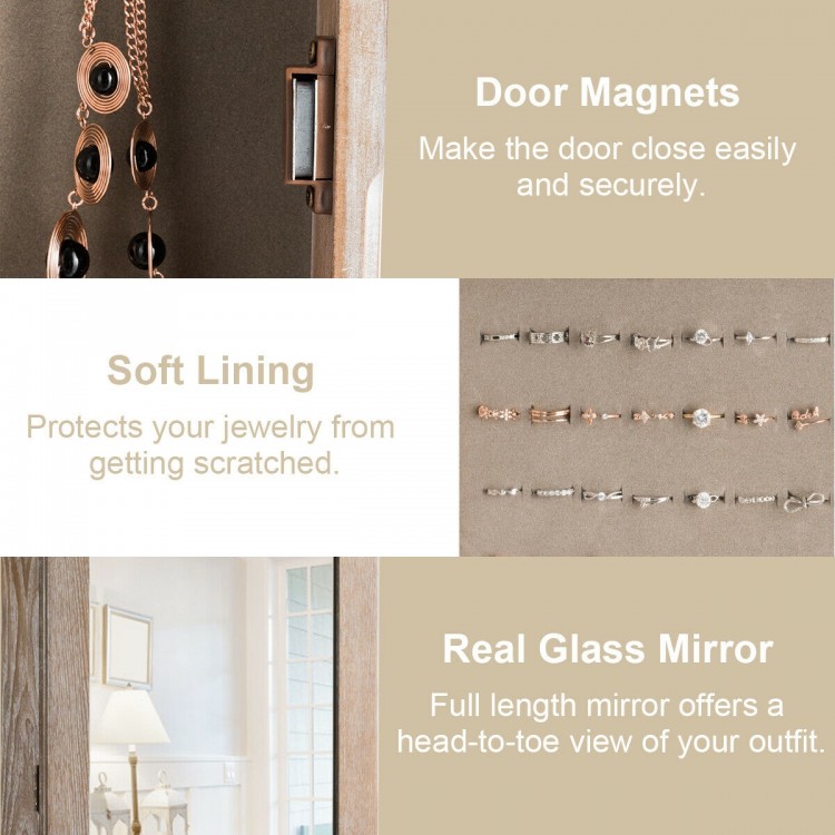 Wall-mounted jewelry armoire cabinet with full-length mirror, featuring soft lining and door magnets for easy access.