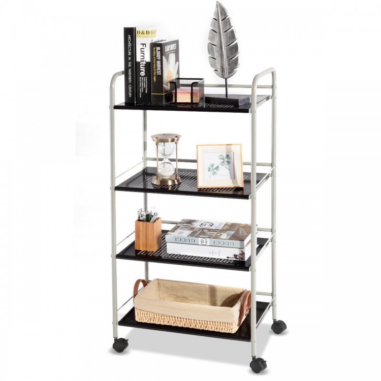 Four-tier rolling cart storage rack with rust-resistant steel, large capacity, and guardrails for stability, ideal for.