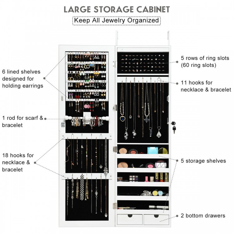 Large lockable jewelry cabinet with LED lights, featuring shelves for earrings, ring slots, hooks, and drawers for.