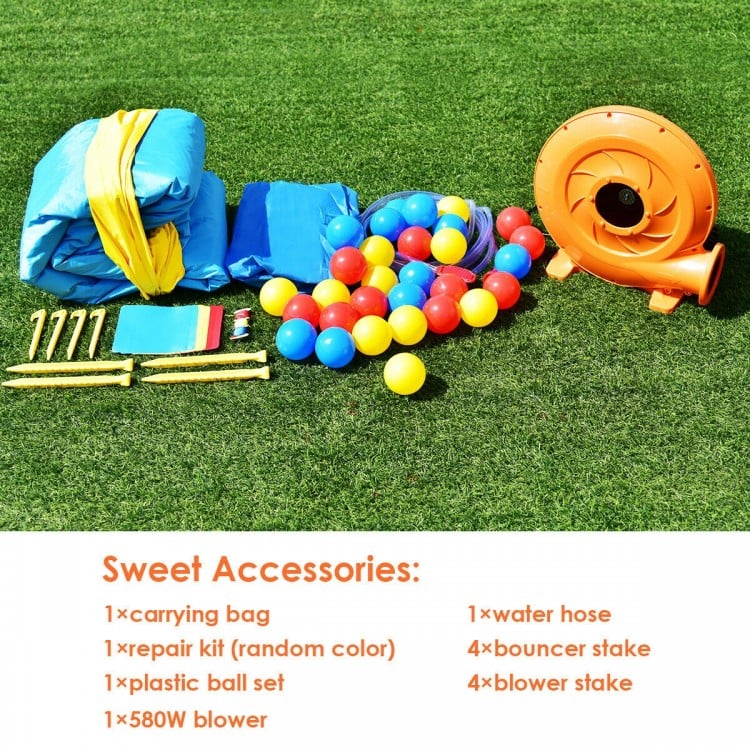 Colorful accessories for the Inflatable Kids Slide Bounce House, including balls, stakes, and a 580w blower for outdoor.