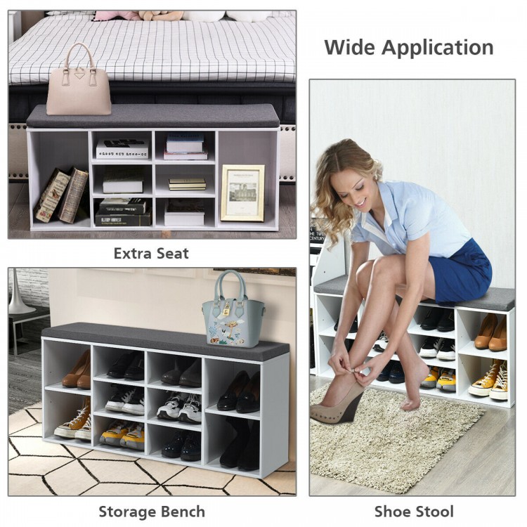 10-cube organizer entryway padded shoe storage bench in white with removable cushion, ideal for entryway or bedroom use.