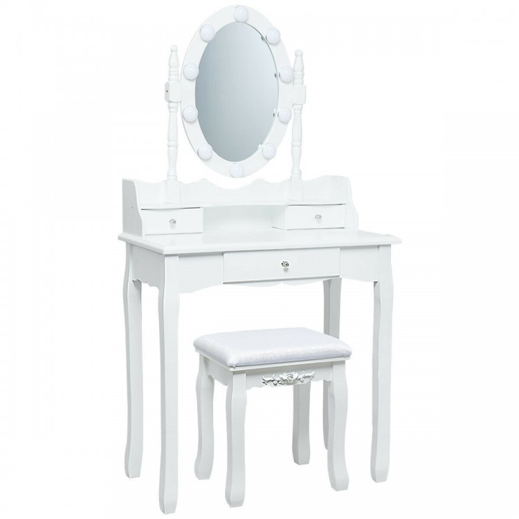 White oval mirror vanity set with 10 LED bulbs, 3 drawers, and cushioned stool for elegant makeup organization.